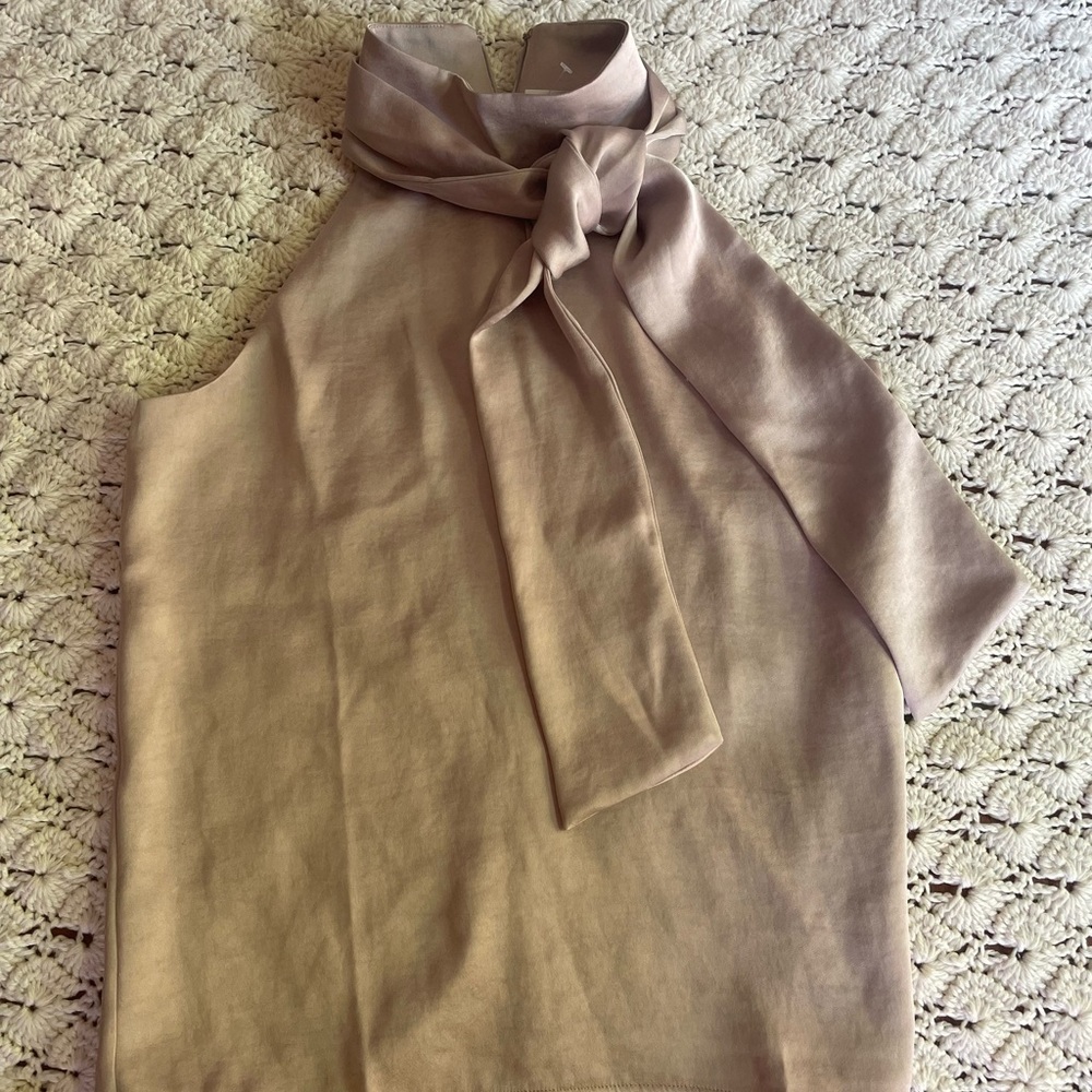 Ann Taylor Taupe Sleeveless Blouse with Scarf Tie